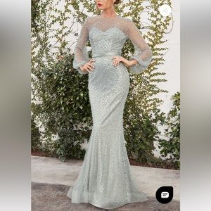 Andrea and Leo Pearl Beaded Long Sleeve Trumpet Gown